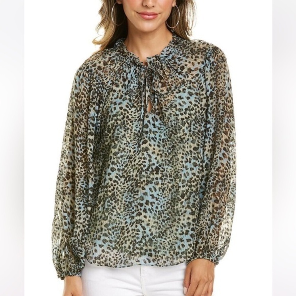 🥑Rebecca Taylor Lynx Silk Blouse ruffled neck black blue